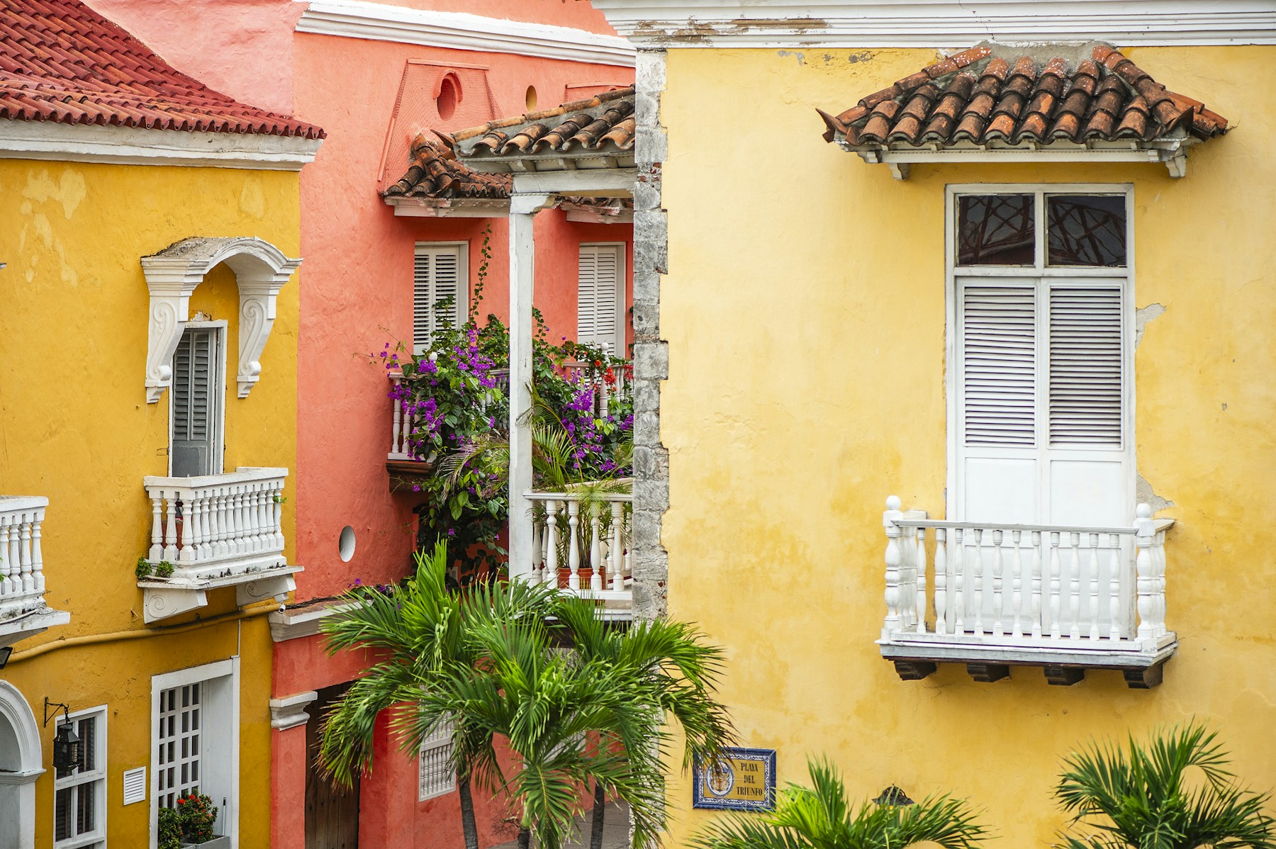 Fachadas coloridas con balcones de estilo cartagenero y vegetación tropical; foto editorial de Cartagena, no muestra instalación de malla